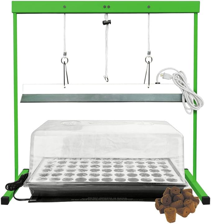 HTG Supply Seed Station Complete Seed Starter Kit with T5 Grow Light, Metal Light Stand, Heat Mat, 7" Humidity Dome, Floating Tray & Seed Plugs for Seed Germination & Seedling Propagation