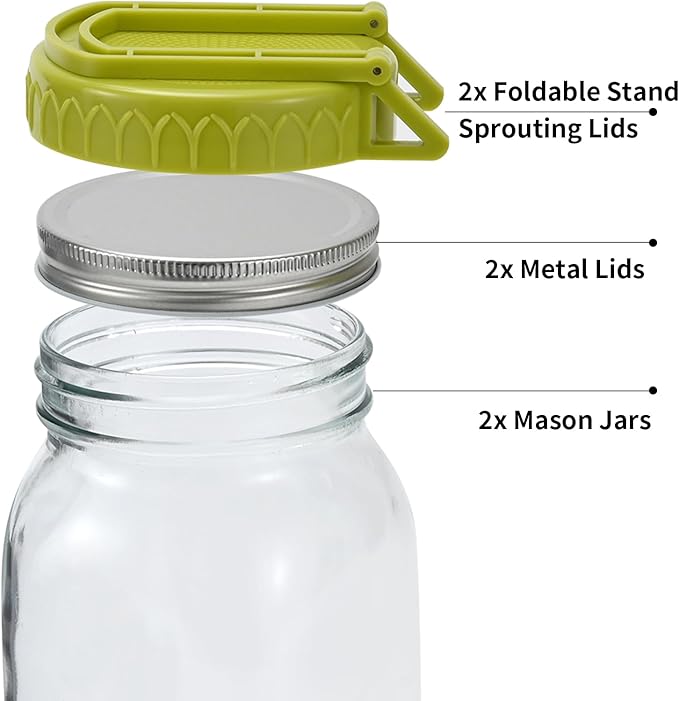 Complete Sprouting Kit - 2 Large Wide-Mouth Mason Jars 32 Oz, 2 Foldalbe Screen Lids with Draining Stand, 2 Metal Canning Lids, Bean Sprouts Grow Kit for Broccoli alfalfa