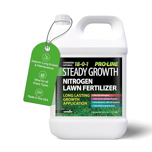Covington ProLine 18-0-1 NPK Liquid Slow Release Lawn Fertilizer (1 Gal) – High Nitrogen Lawn Food for All Grass Types – Supports Steady Growth & Maintenance – Deep Green Turf Builder Concentrate