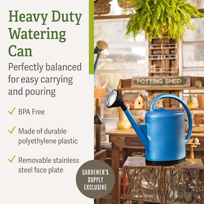 Gardener’s Supply Company French Blue Watering Can | 3 Gallon Indoor Outdoor Water Container for Plants and Garden with Removable Stainless Steel Faceplate Rose Sprinkler Attachment - Blue