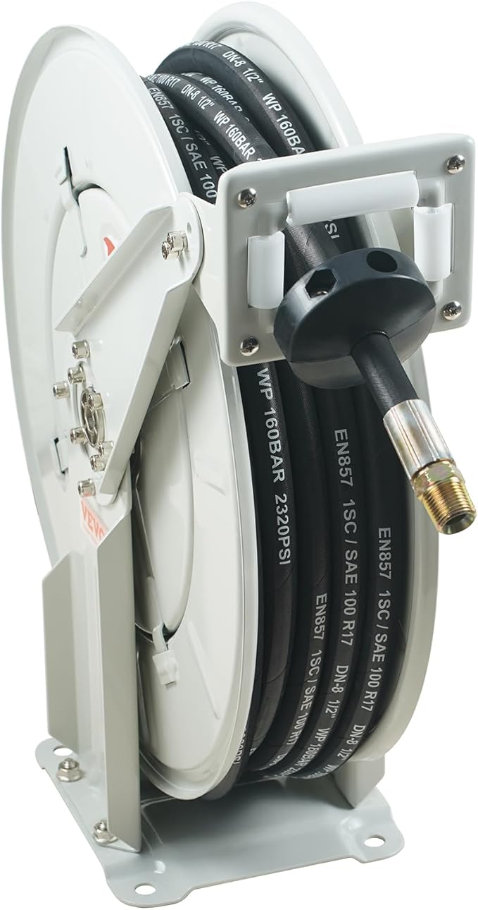 VEVOR Fuel Hose Reel, 1/2" x 50', Extra Long Retractable Machine Oil Hose Reel, Spring Driven Auto Swivel Rewind, Heavy-Duty Carbon Steel Construction with Hose for Auto Repair, Industries, 2300 PSI