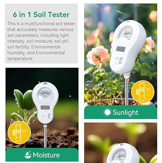 6in1 Multi-Function Soil Moisture Meters Tester Temperature/PH/Humidity/Moisture/Sunlight/Fertility Meter Soil Testing Analyzer Kit for Plants Farms Gardens Lawns Indoor Outdoor Plant Care