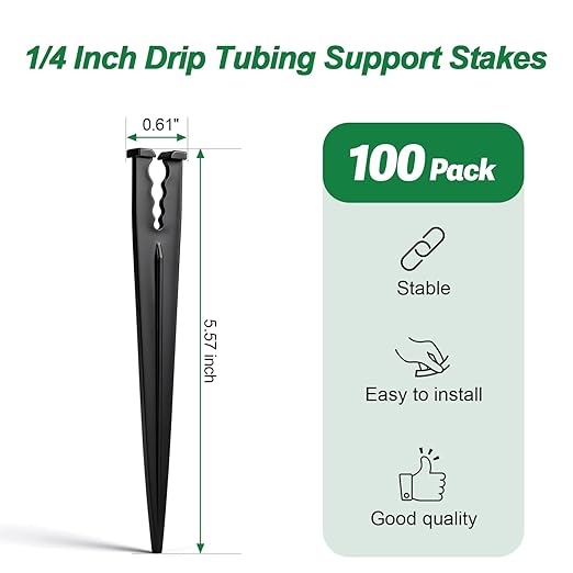 100 Pieces 1/4 Inch Drip Irrigation Support Stakes, 5.6-Inch Long Plastic 1/4'' Heavy-Duty Tubing Holder Stakes for Irrigation Hose/Emitter Support Garden Greenhouse Drip Supplies