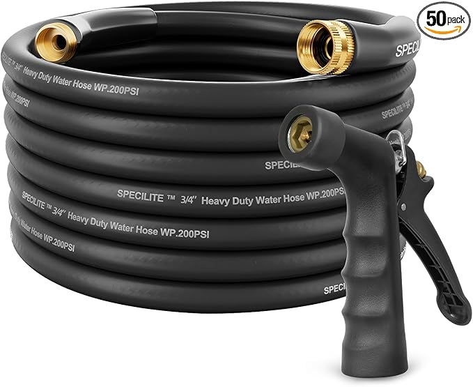 SPECILITE 3/4" Hot/Cold Garden Hose 50 ft with Industrial High Pressure Nozzle, Flexible & Lightweight, 600psi Burst Rubber Water hose -50℉-158℉ With 3/4" Brass Fittings for Yard, Black