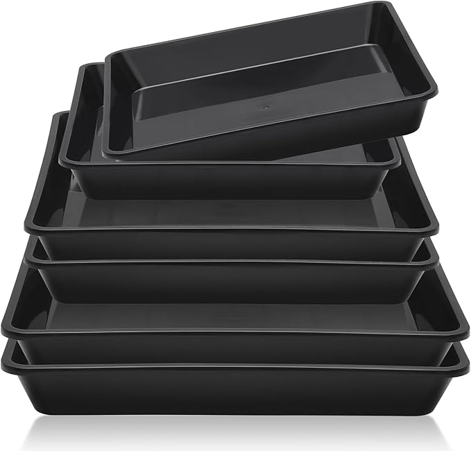 GREANER 10/12/14 Inches Square Plant Saucer, Black Plant Drainage Tray, Seed Starter Growing Trays for Indoors and Outdoors (6 PCS)