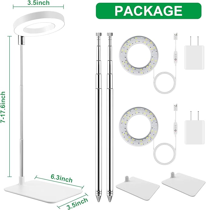 Dual-Use Ring Grow Light for Plants, Full Spectrum LED with Auto Timer, 5-Level Dimmable, Adjustable Height 7-17.6 Inches for Indoor Plants, Succulents, Greenhouse 3 Pack