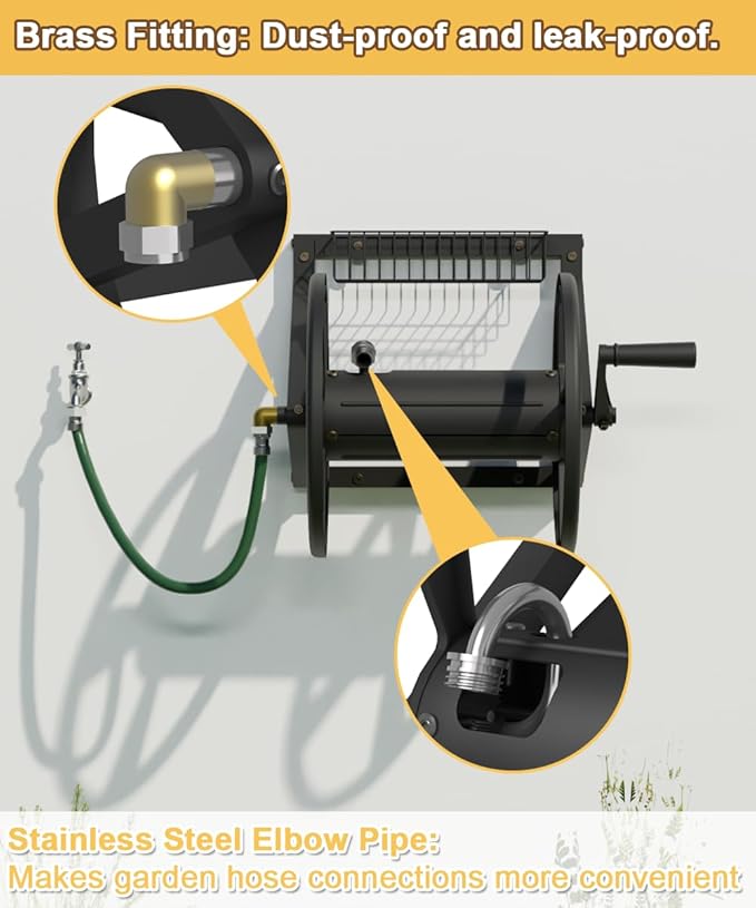 Triangle Wall Mounted Garden Hose Reel, Outdoor Heavy-Duty Water Hoses Holder Winder, Holds 125 Ft of 5/8-Inch Hose, with 3.9 ft Leader Hose, Brass Fitting, Storage Basket for Yard, Black