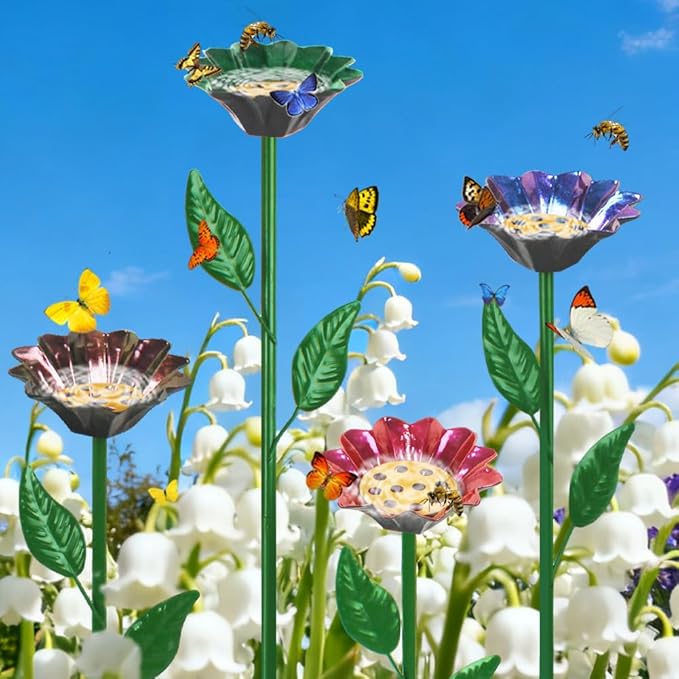 dreamysoul 4 Pack Bee Watering Station, 2-in-1 Bee Feeder & Waterer with Flower Design for Garden Yard