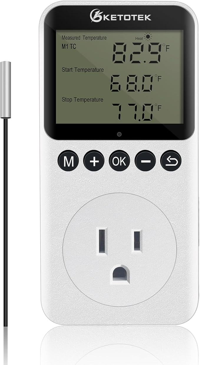 KETOTEK KT3200PRO Digital Temperature Controller Outlet Day Night Thermostat Plug Socket Heating Cooling Temp Controller with Sensor Timer Regulator for Reptile Greenhouse Brewing Refrigerator