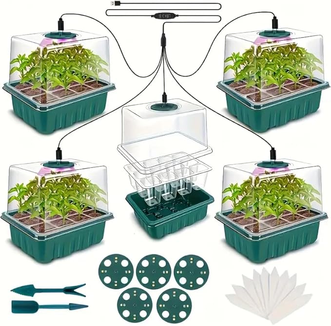 5Sets Seed Starter Tray with Grow Light, Elevated Seedling Starter Trays Kits with Adjustable Humidity Domes and Clear Cell Tray for Greenhouse Seeds Growing Starting