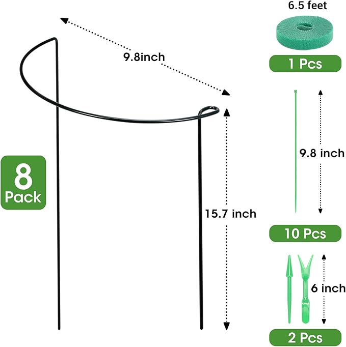 Kikhope Plant Support Stakes, 8 Pack Metal Garden Stakes Plant Cage, Half Round Peony Support Cage, Border Support, Plant Support Rings for Outdoor Indoor Plants, Vegetable, Flowers (9.8" W x 15.7" H)