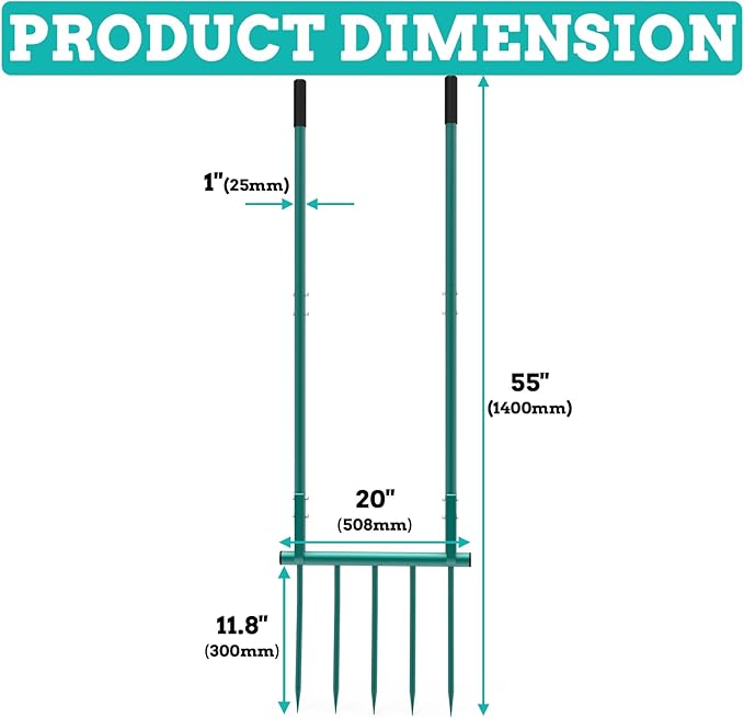 Broadfork Garden Tool Heavy Duty 5 Tines 20 in Wide Broad Fork for Gardening, 55 inch Ergonomic U-Shaped Design Hand Tiller for Cultivating, Aerate Clay Soil for Farm