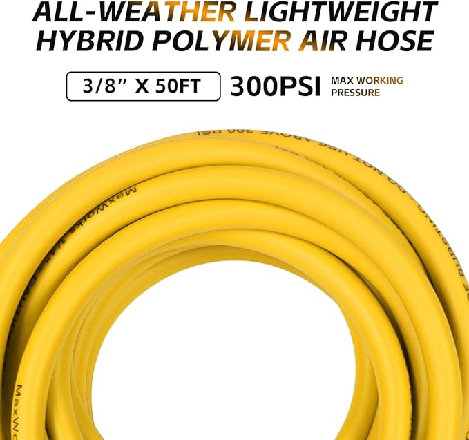 MaxWorks 80788 Hybrid Polymer Air Hose – 3/8-Inch x 50-Foot, 300 PSI – All-Weather Flexible, Kink-Resistant, Lay-Flat Design with Solid Brass Fittings and Bend Restrictors (High-Visibility Yellow)