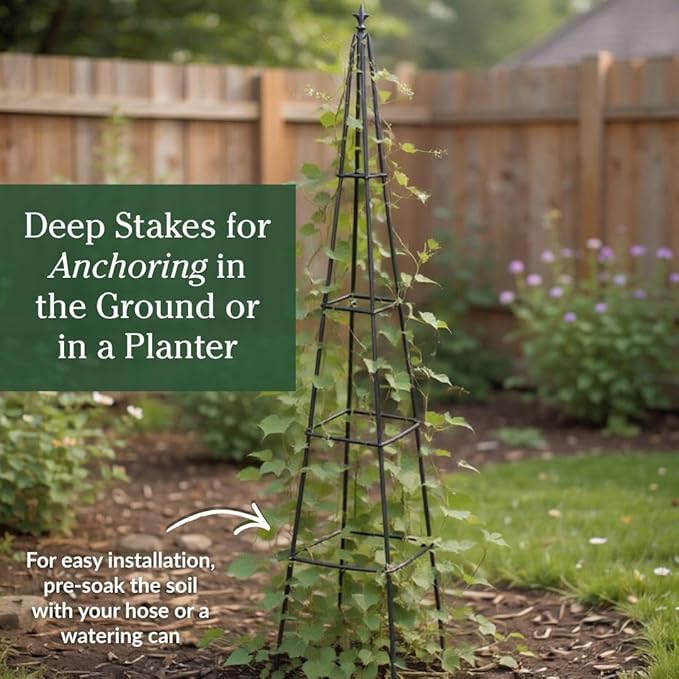 Evergreen Metal Garden Obelisk Trellis for Climbing Plants Outdoor, Indoor Plant Trellis for Potted Plants, Floral Pattern Arch Trellis (Black, 6 ft. Pyramid)