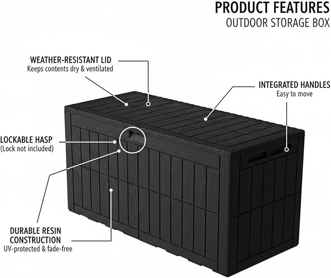 100 Gallon Outdoor Storage Box, Black Resin Deck Box, Lockable, Weather-Resistant, 48x24x21 in, for Cushions, Pool Accessories, Garden Tools