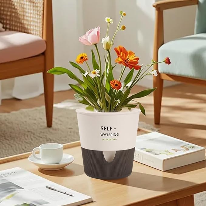 Flower and Plant Pot, Self Watering Plastic Plants Planter with Drainage Holes and Saucers, Modern Outdoor Indoor Decorative Flower Pot for Plants, Flowers, Herbs, Succulents (White, 7.5 inch)
