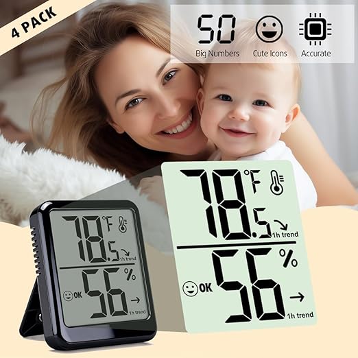 4-Pack Room Thermometer Indoor Hygrometer, Small Digital Temperature and Humidity Monitor Sensor, Temperature Humidity Gauge Meter for Home Baby Room, Plants, Pets - AAA Battery Included
