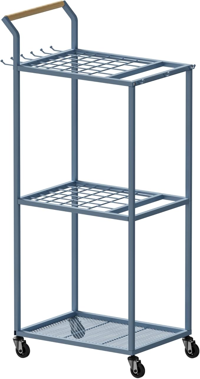 Garden Tool Organizer with Wheels & Storage Bag, 40 Inch Tall Blue Rolling Cart, 6-Hook Mobile Metal Rack for Garage Yard Shed Tool Storage, Navy