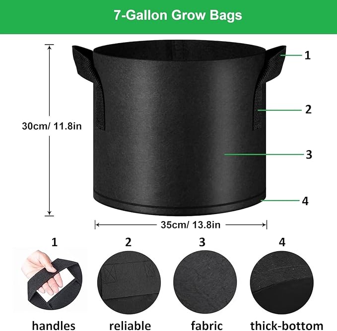 7-Gallon Grow Bags, (10 Pack) Thickened Aeration Fabric Growing Pots Planters with Handles for Planting Vegetables Plants, Black
