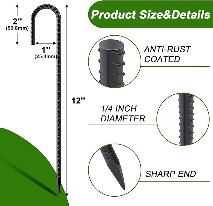 AAGUT Rebar Stakes 12 Inch 120 Pack, J Hook Premium Black Coated Ground Garden Anchors Heavy Duty, Superior Rust Resistance Chain Link Fence Stakes for Camping Tent, Inflatables, Lawn Decor