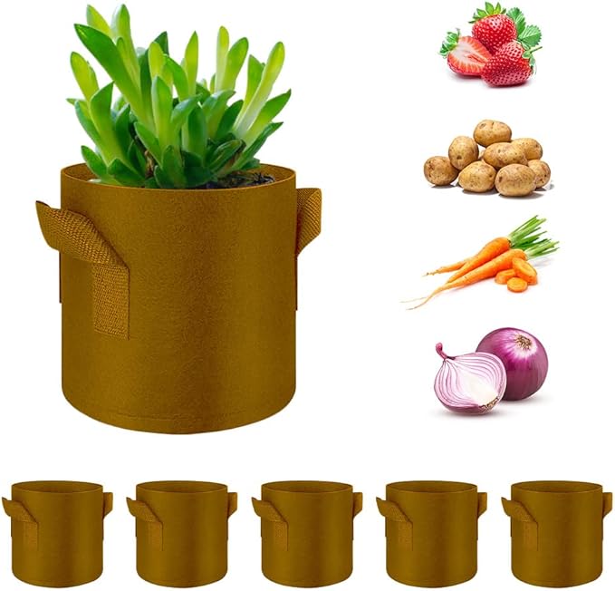 5-Pack 5 Gallon Grow Bags Heavy Duty Thickened Nonwoven Fabric Pots with Handles, Plant Grow Bags for Vegetables/Flower/Plant/Fruits, Brown