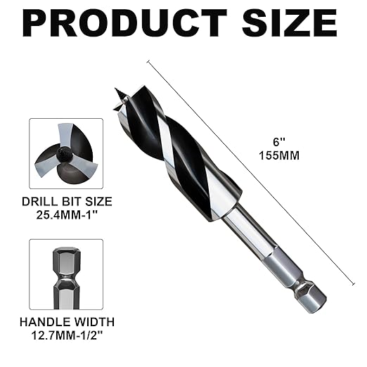 1"×6" Professional Auger Drill Bit for Wood with Quick Change 1/2" Hex Shank- 3-Cutter Design with Dual-Flute for Fast Chip Removal, Fits Hardwood, Softwood, PVC, Drywall & Tree Stumps