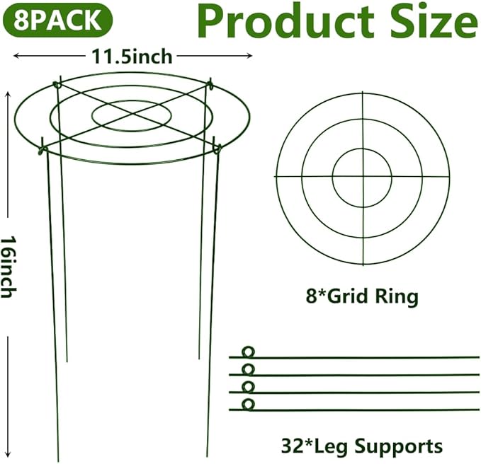 DAYUMKOU 8 Pack Peonies Cages and Supports, 11.5" Wide x 16" High Plant Support Stakes, 4 Legs Plant Cages & Supports with Removable Grid for Peonies Roses Tomato Hydrangea Strawberry