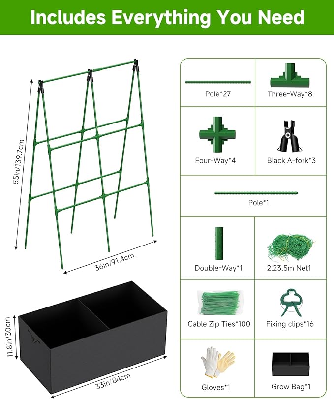 Cucumber Trellis with for Climbing Plants, A-Shape Garden Trellis with Grow Bags, Metal Plant Trellis with Garden Netting for Vegetables Flowers Fruits (A-Shape)