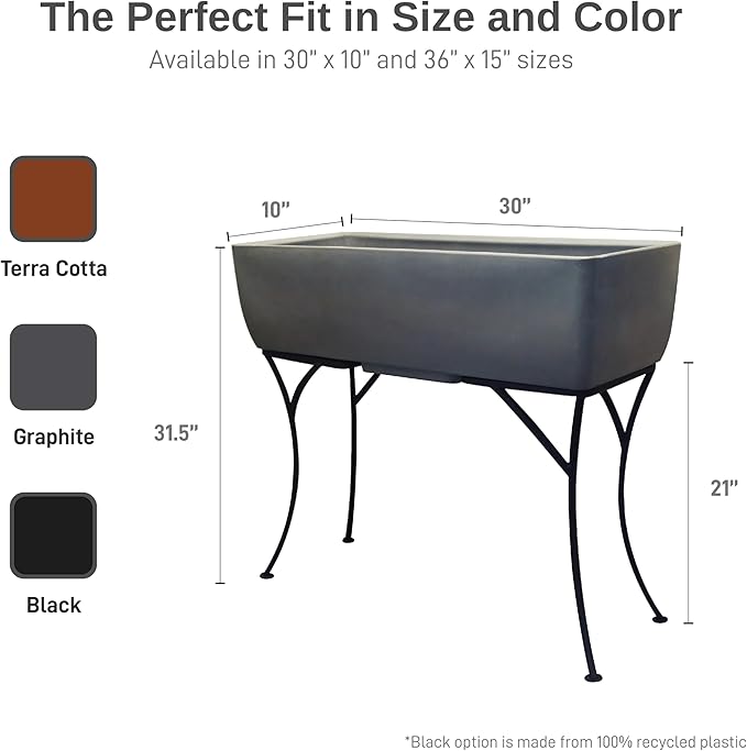 RTS Home Accents 30" Long Elevated Rectangular Garden Planter with Wrought Iron Stand, Graphite - Durable, Stylish, and Weather-Resistant Raised Garden Bed for Outdoor or Indoor Gardening