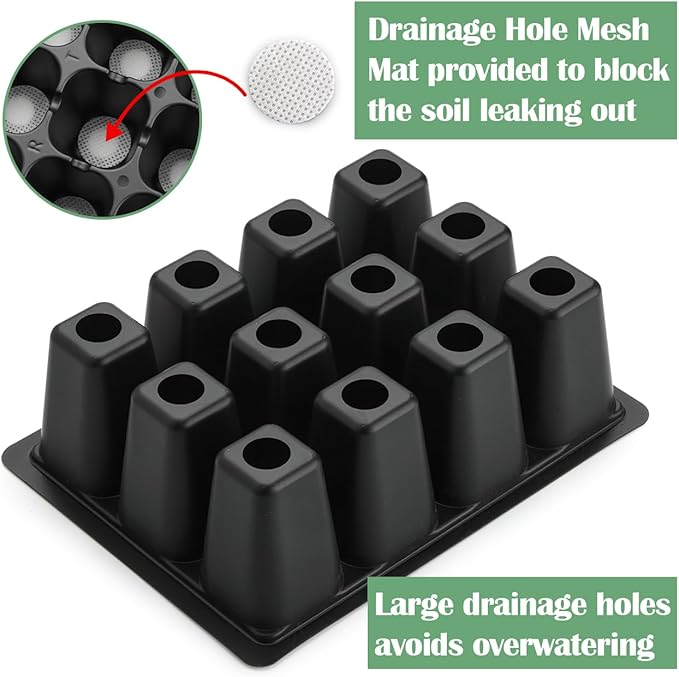 RooTrimmer 60 Pack Reusable 12-Cell Seed Starter Tray, Plant Starter Trays with Large Drainage Holes for Seed Germination, Easy to Repotted, Fits Standard 1020 Flats and TD377 Trays, Black