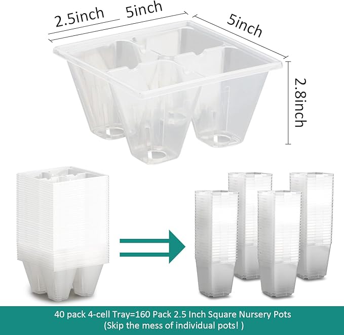 40 Pack Reusable 4-Cell Seed Starter Trays with Large Drainage Holes - Clear Transparent Trays for Root Growth Monitoring, Avoids Overwatering, Easy Transplant, Fits Standard 1020 Trays