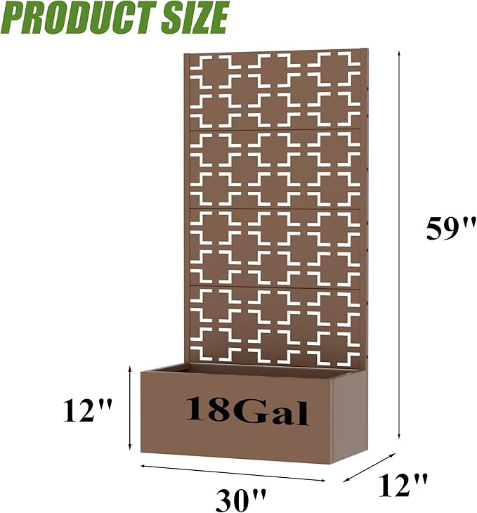Casaphoria Metal Raised Garden Bed with Trellis, 59"x30"x12" Planter Box for Climbing Plants, Vegetables & Vines, Features Drainage Holes and Privacy Screen, Brown-Square