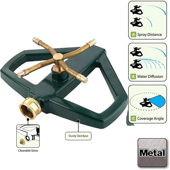 Metal Pulsating Sprinklers with Metal Base, 4-Arms Automatic Rotary Sprinkler 360 Degree Pulsating Impact Sprinklers Heavy Duty Zinc Alloy Impulse Water Sprinkler for Yard and Grass Irrigation