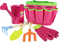 Kids Gardening Tools Kit Includes Sturdy Tote Bag, Watering Can, Gloves, Shovel, Rake, Fork - Children Garden Tool Set -Boy Girls Birthday Gifts (Pink)