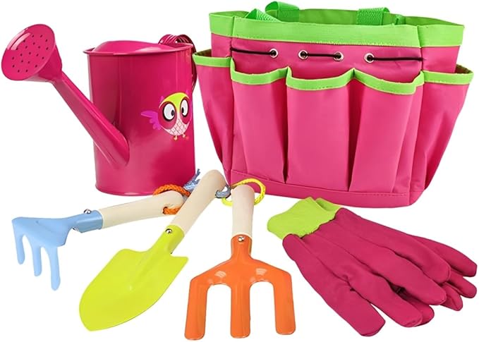 Kids Gardening Tools Kit Includes Sturdy Tote Bag, Watering Can, Gloves, Shovel, Rake, Fork - Children Garden Tool Set -Boy Girls Birthday Gifts (Pink)