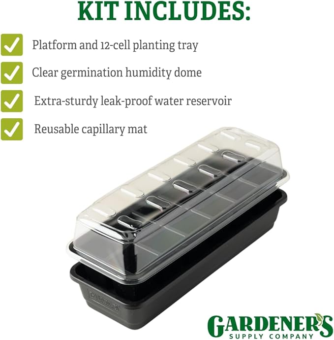 Gardener's Supply Company GrowEase Seed Starting Self Watering Tray |12-Cell Seedling Tray with Capillary Mat, Water Reservoir & Germination Dome | Indoor Greenhouse Gardening Kit