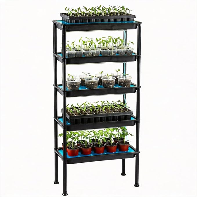 5-Tier Seed Starter Tray Plant Stand - Ebb and Flow Tidal Seedbeds, Manual Circulation Watering Rack for Indoor/Greenhouse, Designed for Nursery Cell Trays, Plant Pots