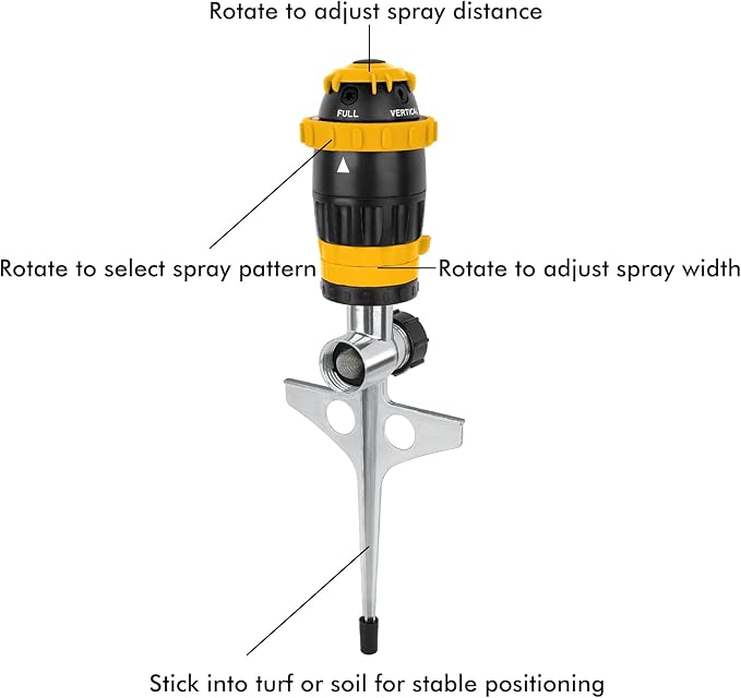 RESTMO Gear Drive Sprinkler with Metal Spike Base, 5-Pattern Heavy Duty Gardening Watering System, Multi-Adjustable Lawn Sprinkle for Garden Plant, Flower Bed and Large Yard Area Watering, Yellow