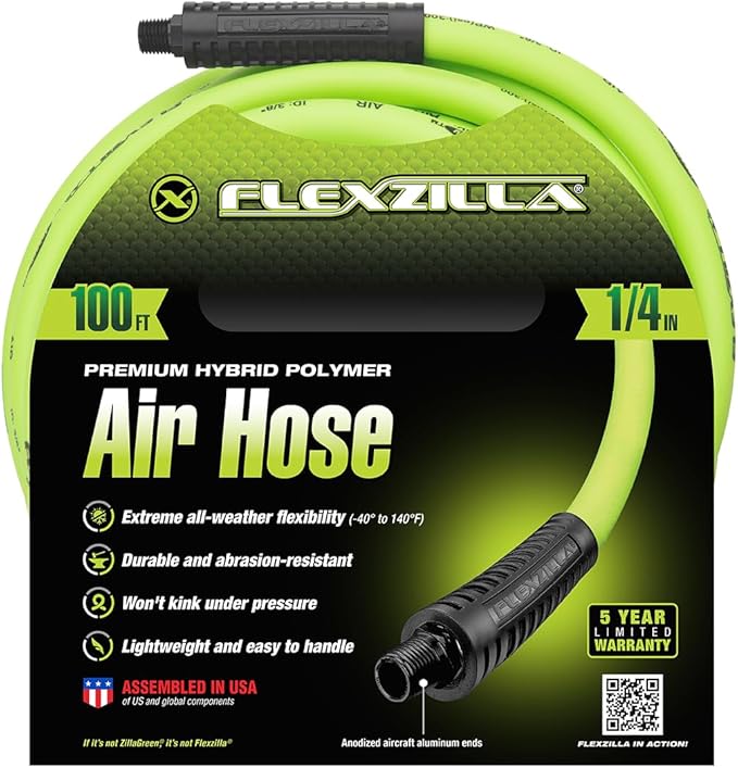 Flexzilla Air Hose, 1/4 In. x 100'., 1/4 In. MNPT Fittings, Heavy Duty, Lightweight, Hybrid, Zillagreen - HFZ14100YW2