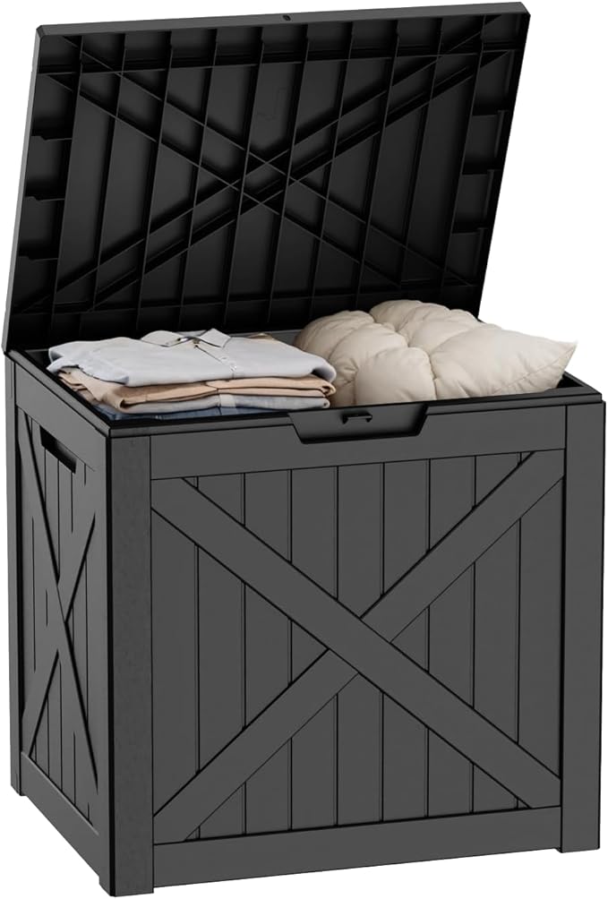 Outdoor Deck Box, 37 Gallon Resin Material, Outdoor Storage Box, Durable Waterproof UV-Resistant, Easy to Clean & Assemble, Portable Safe, Deck Storage Box for Indoor & Outdoor Use（Black）