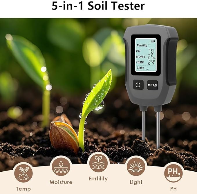 5 in 1 Soil Tester,Ph/Moisture/Temperature/Efficiency/Light Intensity Function,Dual Probe,Lcd Display,Digital Plant Soil Moisturemeter for Gardens,Farms,Outdoor Plants