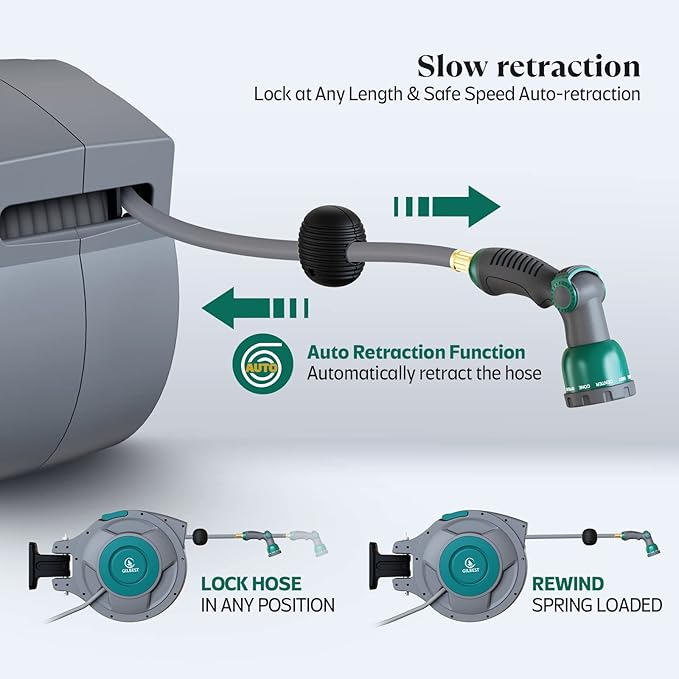 1/2" x 130 ft Retractable Garden Hose Reel, Heavy Duty Water Hose Reel Wall Mounted, Any Length Lock, 180°Swivel, Water Hose with 10-Function Nozzle for Cleaning, Watering (Green)