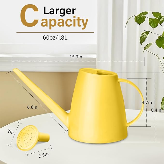 Plastic Watering Can - for Indoor and Outdoor House Plant Garden - with Long Spout - 1/2 Gallon - Yellow