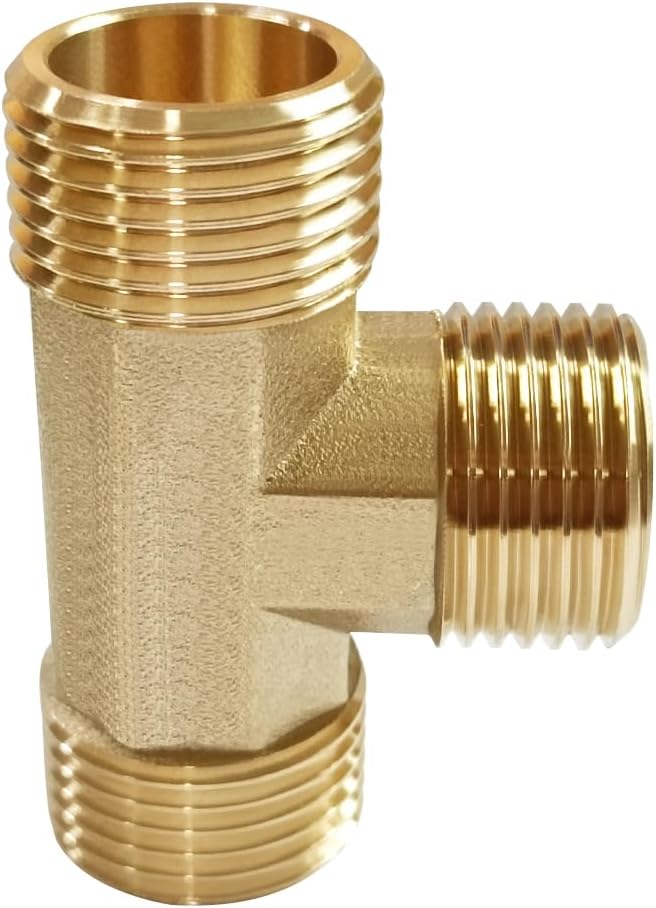 2PCS Brass 3/4 Inch GHT Tee Pipe Fitting 3/4" GHT Male x 3/4" GHT Male x 3/4" GHT Male for Garden Hose Threaded Tube Pipe Fittings