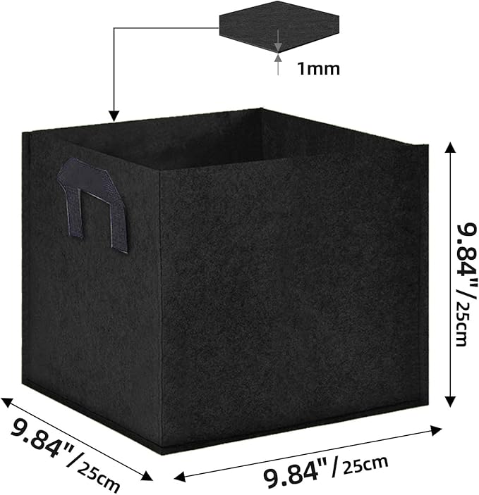 Square Grow Bags, Garden Fabric Planter Container with Handles Bed Flower Vegetables Pots 1MM Thickness Economic Colorful (Black,9.84x9.84x9.84 Square)