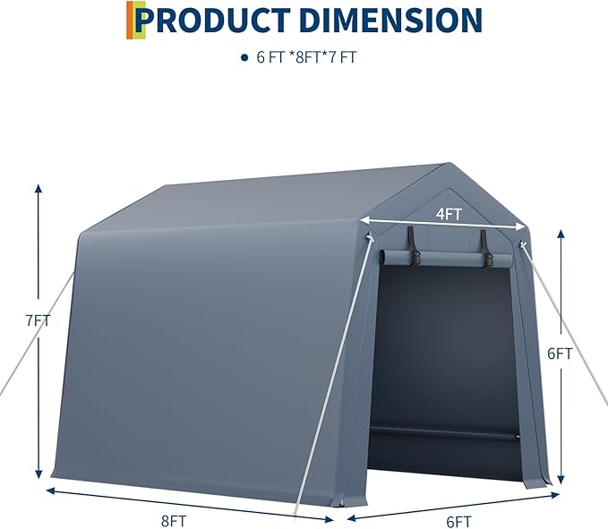 6X8 ft Heavy-Duty Portable Motorcycle Storage Shed with Roll-Up Door & Vent, 220g Waterproof PE Tarp & UV Protection, Motorcycle Shed for Motorcycles, Firewood, Garden Tools - Gray