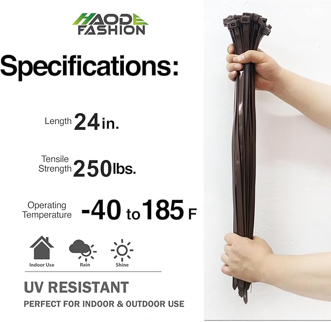 Cable Ties 24 Inch, Brown Zip Ties 25 Pieces, Thick 0.47 inch 250 Pounds Strength, Heavy Duty Outdoor Plastic Ties for Indoor Plants, Garden, Home (24inch, Brown Color, 25 pcs)