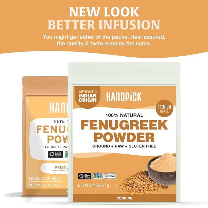 HANDPICK Fenugreek Powder (397g/14oz) Non GMO, Gluten Free, 100% Raw Methi Seeds, Sourced from India, For Cooking, Packed in Resealable Ziplock Pouch