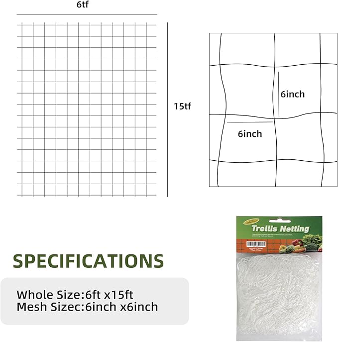 Heavy Duty Garden Trellis Netting, 6 x 15 ft, White, Rectangular, Polyester Nylon, Climbing Plant Support Netting, Garden