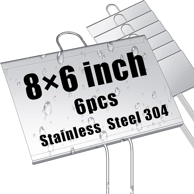 Landhoow 6 Pcs Large Garden Plant Markers Metal Plant Labels Sign 6'' x 8'' with 13'' Stake Weatherproof Waterproof Garden Sign for Outdoor Seedlings Herbs Vegetable Greenhouse, Silver